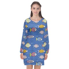 Sea Fish Blue Submarine Animal Long Sleeve Chiffon Shift Dress 