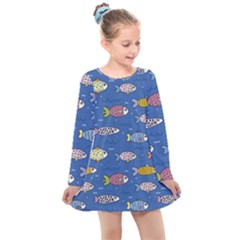 Sea Fish Blue Submarine Animal Kids  Long Sleeve Dress by Proyonanggan