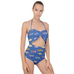 Sea Fish Blue Submarine Animal Scallop Top Cut Out Swimsuit