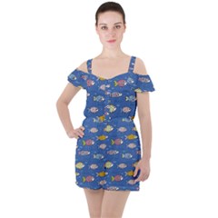 Sea Fish Blue Submarine Animal Ruffle Cut Out Chiffon Playsuit by Proyonanggan