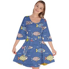 Sea Fish Blue Submarine Animal Velour Kimono Dress by Proyonanggan