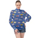 Sea Fish Blue Submarine Animal High Neck Long Sleeve Chiffon Top View1