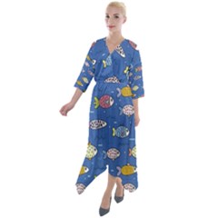 Sea Fish Blue Submarine Animal Quarter Sleeve Wrap Front Maxi Dress by Proyonanggan