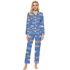 Sea Fish Blue Submarine Animal Womens  Long Sleeve Velvet Pocket Pajamas Set