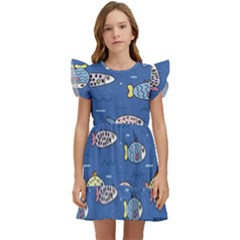 Sea Fish Blue Submarine Animal Kids  Winged Sleeve Dress by Proyonanggan