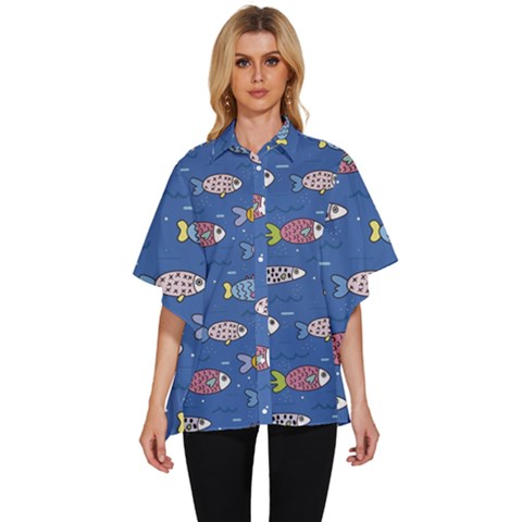 Sea Fish Blue Submarine Animal Women s Batwing Button Up Shirt by Proyonanggan