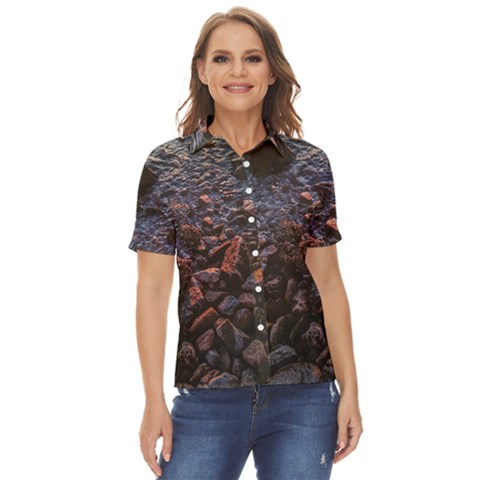 Twilight Treasures: Rocky Beachscape  Women s Short Sleeve Double Pocket Shirt by dflcprintsclothing