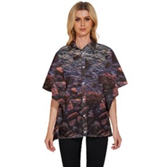 Twilight Treasures: Rocky Beachscape  Women s Batwing Button Up Shirt