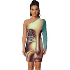 Woman Digital Art Long Sleeve One Shoulder Mini Dress