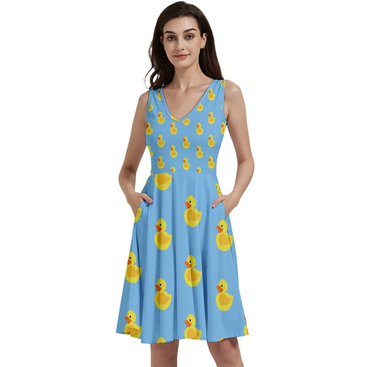 Rubber duck pattern Sleeveless V-Neck Skater Dress with Pockets