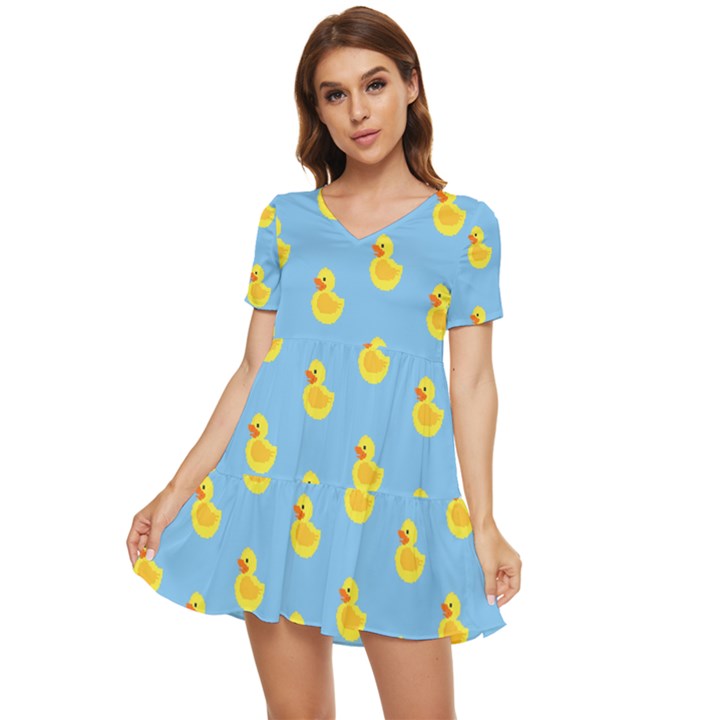 Rubber duck pattern Tiered Short Sleeve Babydoll Dress