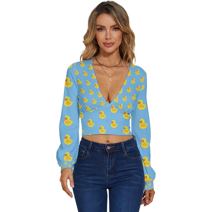 Rubber duck pattern Long Sleeve Deep-V Velour Top