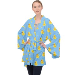 Rubber Duck Pattern Long Sleeve Velvet Kimono  by Valentinaart