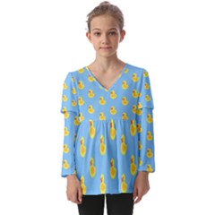 Rubber Duck Pattern Kids  V Neck Casual Top by Valentinaart