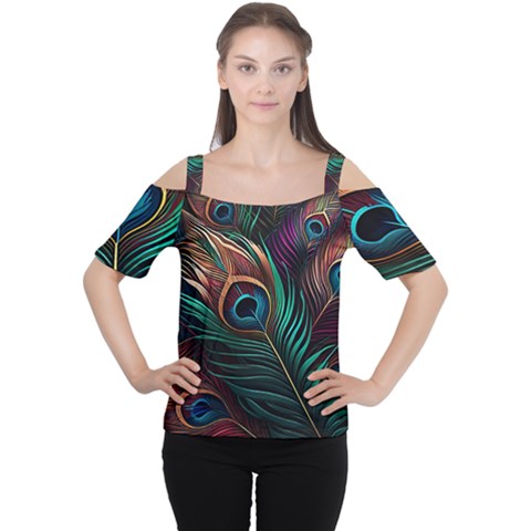 Peacock Feathers Nature Feather Pattern Cutout Shoulder Tee by pakminggu