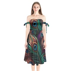 Peacock Feathers Nature Feather Pattern Shoulder Tie Bardot Midi Dress by pakminggu