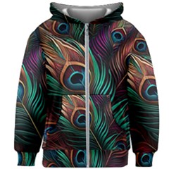 Peacock Feathers Nature Feather Pattern Kids  Zipper Hoodie Without Drawstring by pakminggu