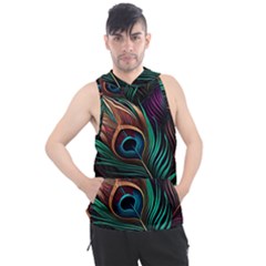 Peacock Feathers Nature Feather Pattern Men s Sleeveless Hoodie by pakminggu