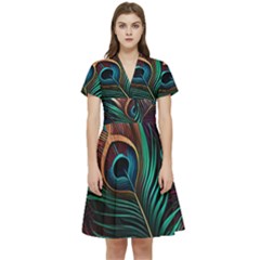 Peacock Feathers Nature Feather Pattern Short Sleeve Waist Detail Dress by pakminggu