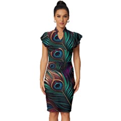 Peacock Feathers Nature Feather Pattern Vintage Frill Sleeve V-neck Bodycon Dress by pakminggu