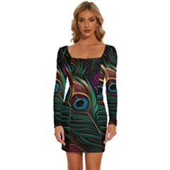 Peacock Feathers Nature Feather Pattern Long Sleeve Square Neck Bodycon Velvet Dress by pakminggu