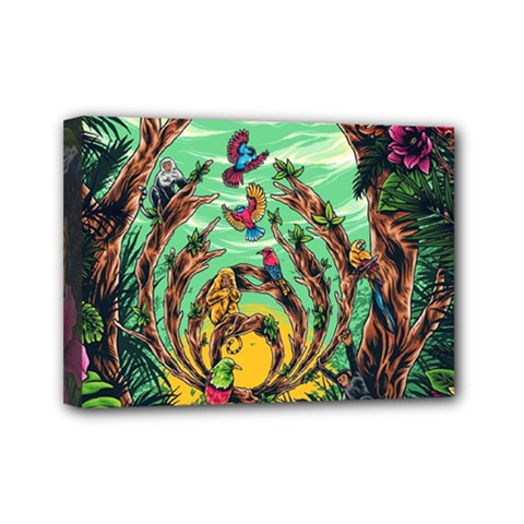 Monkey Tiger Bird Parrot Forest Jungle Style Mini Canvas 7  X 5  (stretched) by Grandong