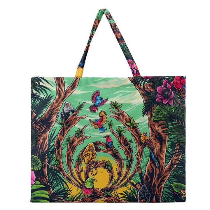 Monkey Tiger Bird Parrot Forest Jungle Style Zipper Large Tote Bag