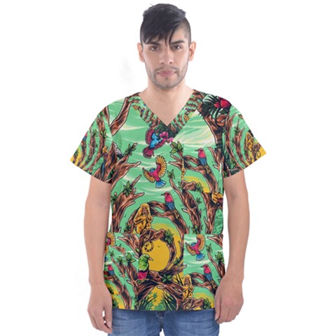 Monkey Tiger Bird Parrot Forest Jungle Style Men s V-neck Scrub Top by Grandong