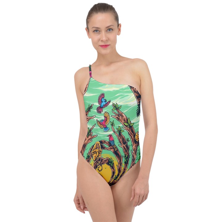 Monkey Tiger Bird Parrot Forest Jungle Style Classic One Shoulder Swimsuit