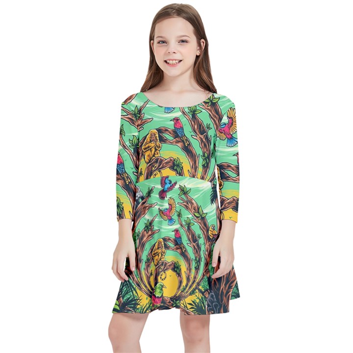 Monkey Tiger Bird Parrot Forest Jungle Style Kids  Quarter Sleeve Skater Dress