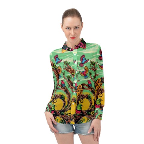 Monkey Tiger Bird Parrot Forest Jungle Style Long Sleeve Chiffon Shirt by Grandong