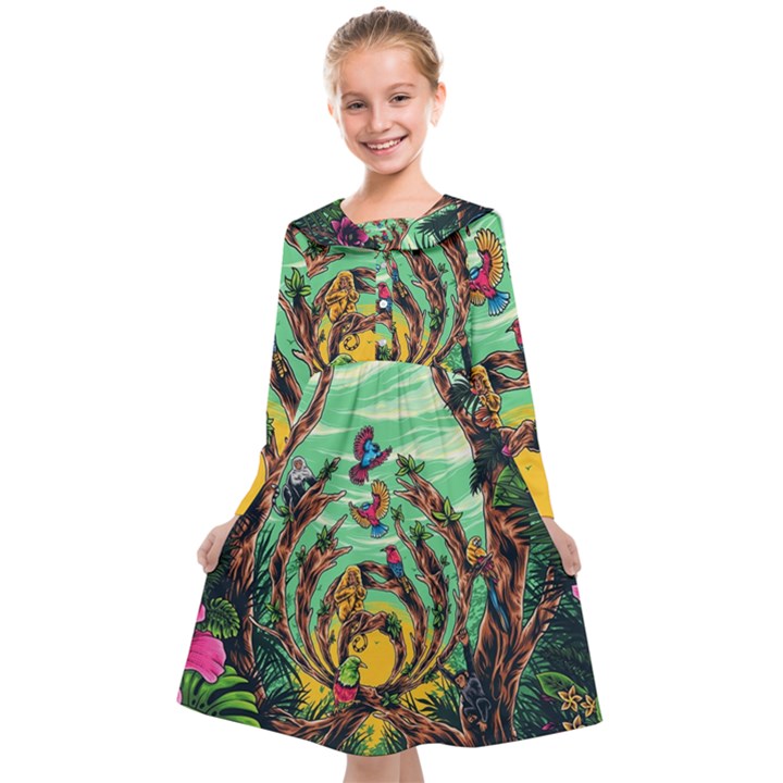 Monkey Tiger Bird Parrot Forest Jungle Style Kids  Midi Sailor Dress