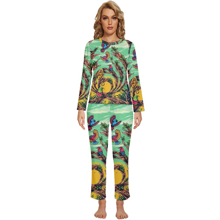 Monkey Tiger Bird Parrot Forest Jungle Style Womens  Long Sleeve Lightweight Pajamas Set