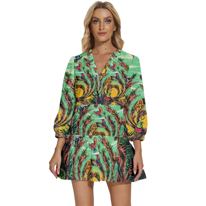 Monkey Tiger Bird Parrot Forest Jungle Style V-Neck Placket Mini Dress