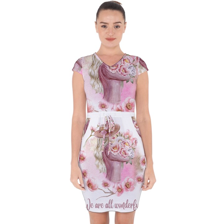 Women with flowers Capsleeve Drawstring Dress 