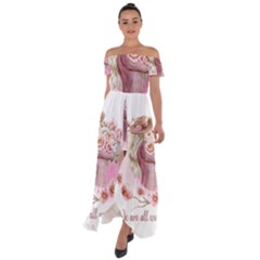 Women With Flowers Off Shoulder Open Front Chiffon Dress by fashiontrends