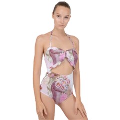 Women With Flowers Scallop Top Cut Out Swimsuit