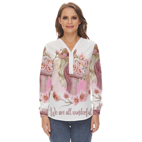 Women With Flowers Zip Up Long Sleeve Blouse by fashiontrends