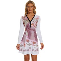 Women With Flower Long Sleeve Deep V Mini Dress  by fashiontrends