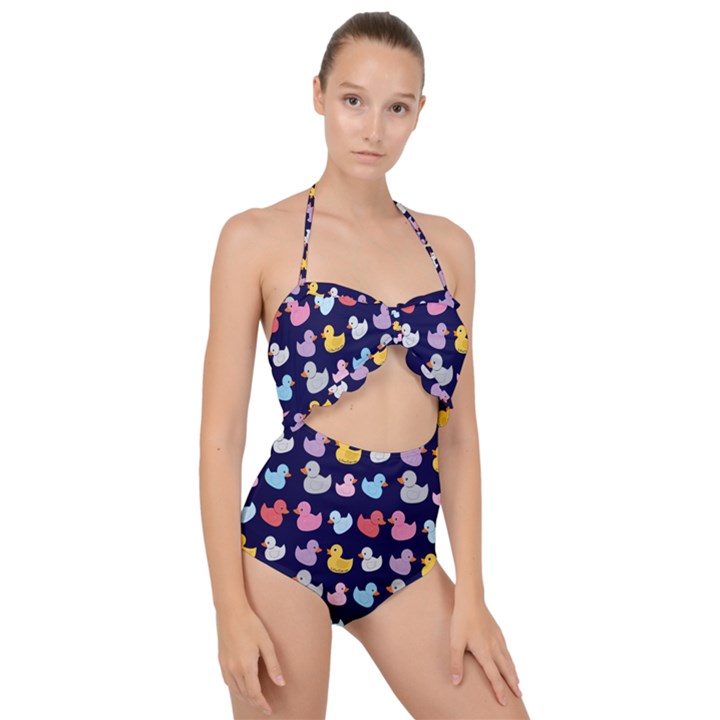 Micro Duck Pattern Scallop Top Cut Out Swimsuit