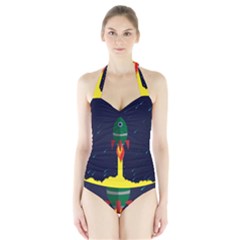 Rocket Halftone Astrology Astronaut Halter Swimsuit by Bangk1t