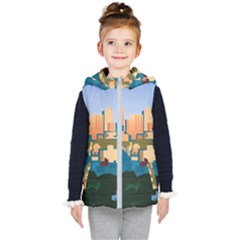 City Buildings Urban Dawn Kids  Hooded Puffer Vest by Bangk1t