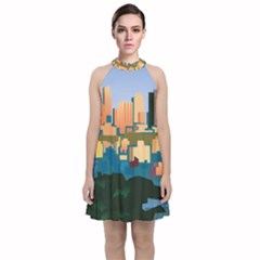 City Buildings Urban Dawn Velvet Halter Neckline Dress  by Bangk1t