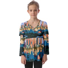 City Buildings Urban Dawn Kids  V Neck Casual Top by Bangk1t