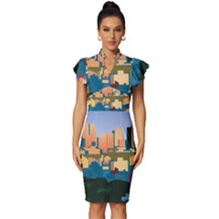 City Buildings Urban Dawn Vintage Frill Sleeve V-neck Bodycon Dress by Bangk1t