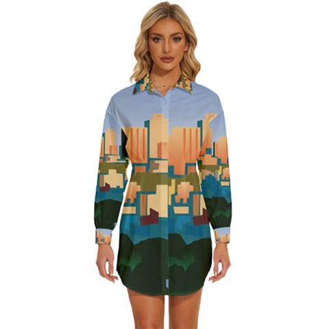 City Buildings Urban Dawn Womens Long Sleeve Shirt Dress by Bangk1t