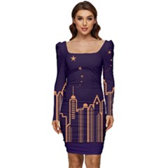 Skyscraper Town Urban Towers Women Long Sleeve Ruched Stretch Jersey Dress by Bangk1t