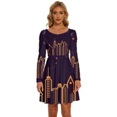 Skyscraper Town Urban Towers Long Sleeve Wide Neck Velvet Dress by Bangk1t