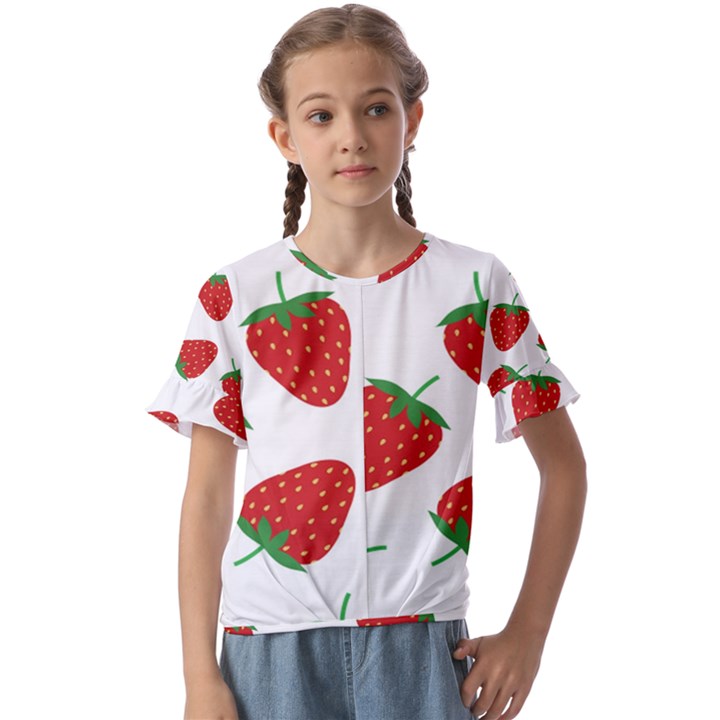 Seamless Pattern Fresh Strawberry Kids  Cuff Sleeve Scrunch Bottom Tee