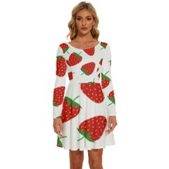 Seamless Pattern Fresh Strawberry Long Sleeve Wide Neck Velvet Dress by Bangk1t